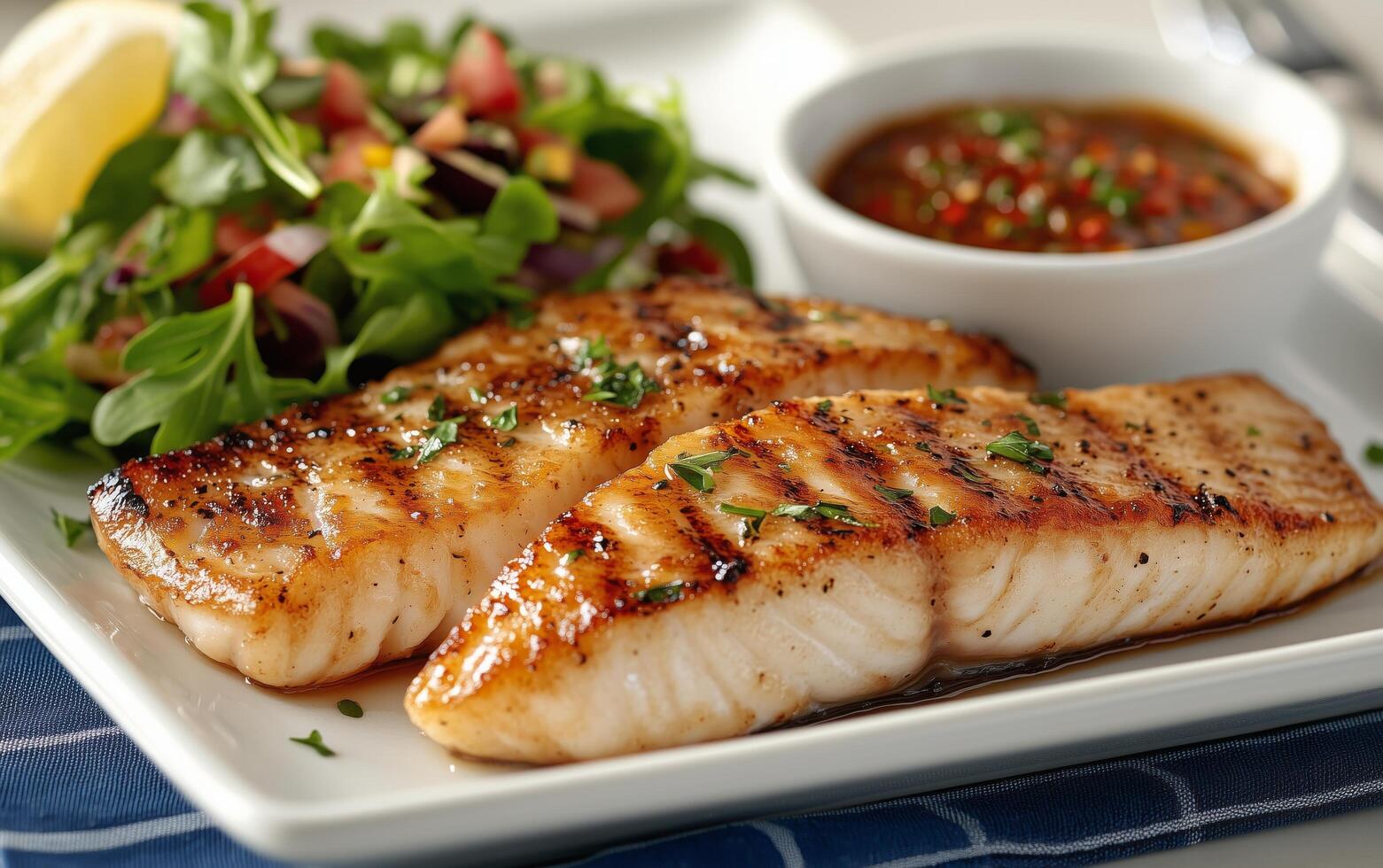 Grilled salmon with a side salad photo