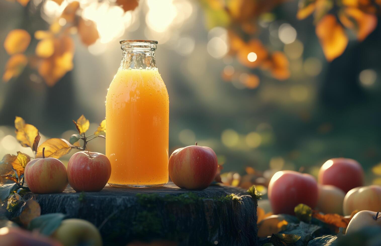 An orange juice bottle and apples on a stump photo