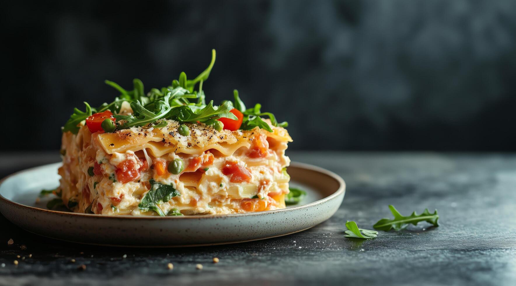 A plate of lasagna with vegetables and herbs photo