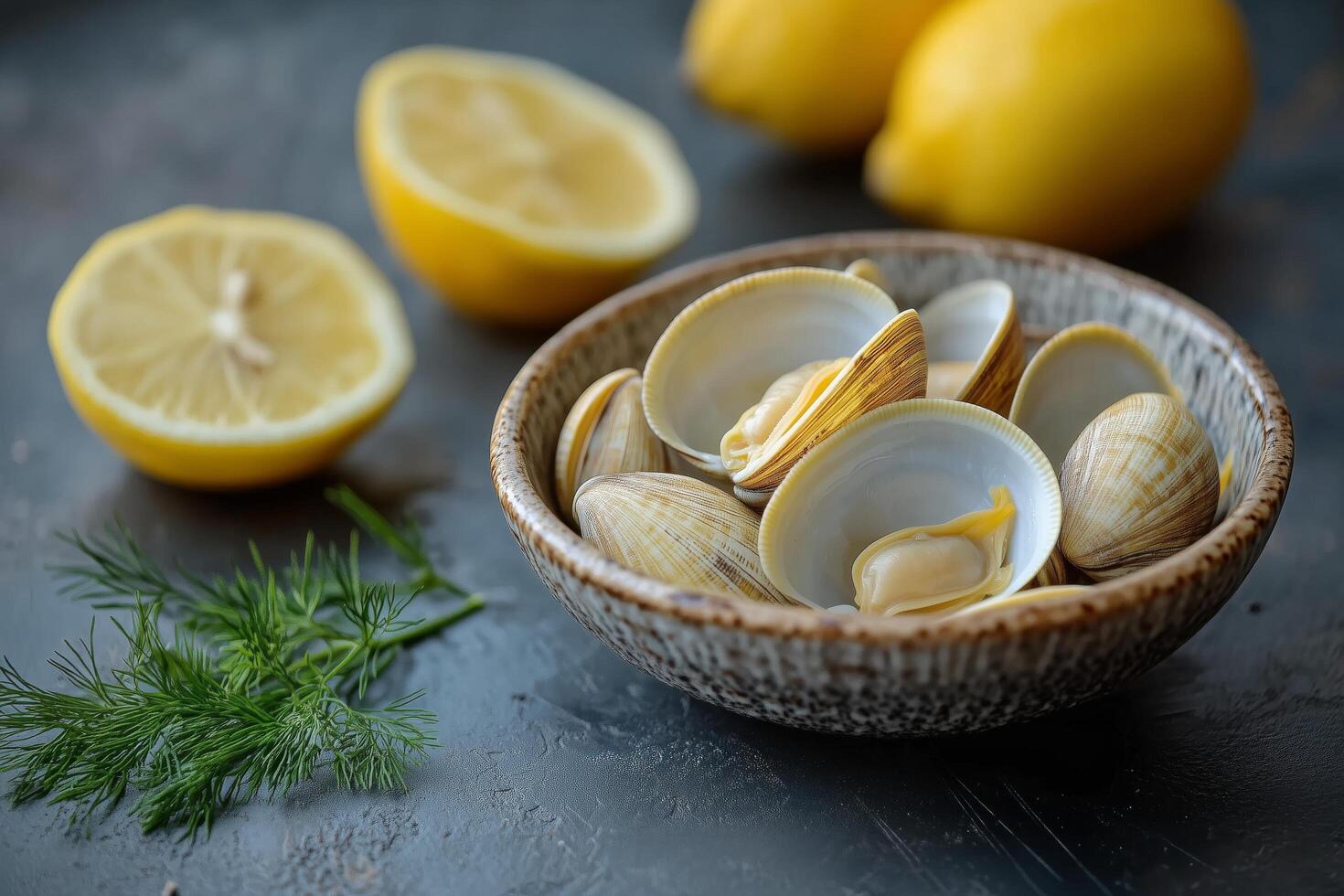 Clams in a bowl with lemon slices and dill photo