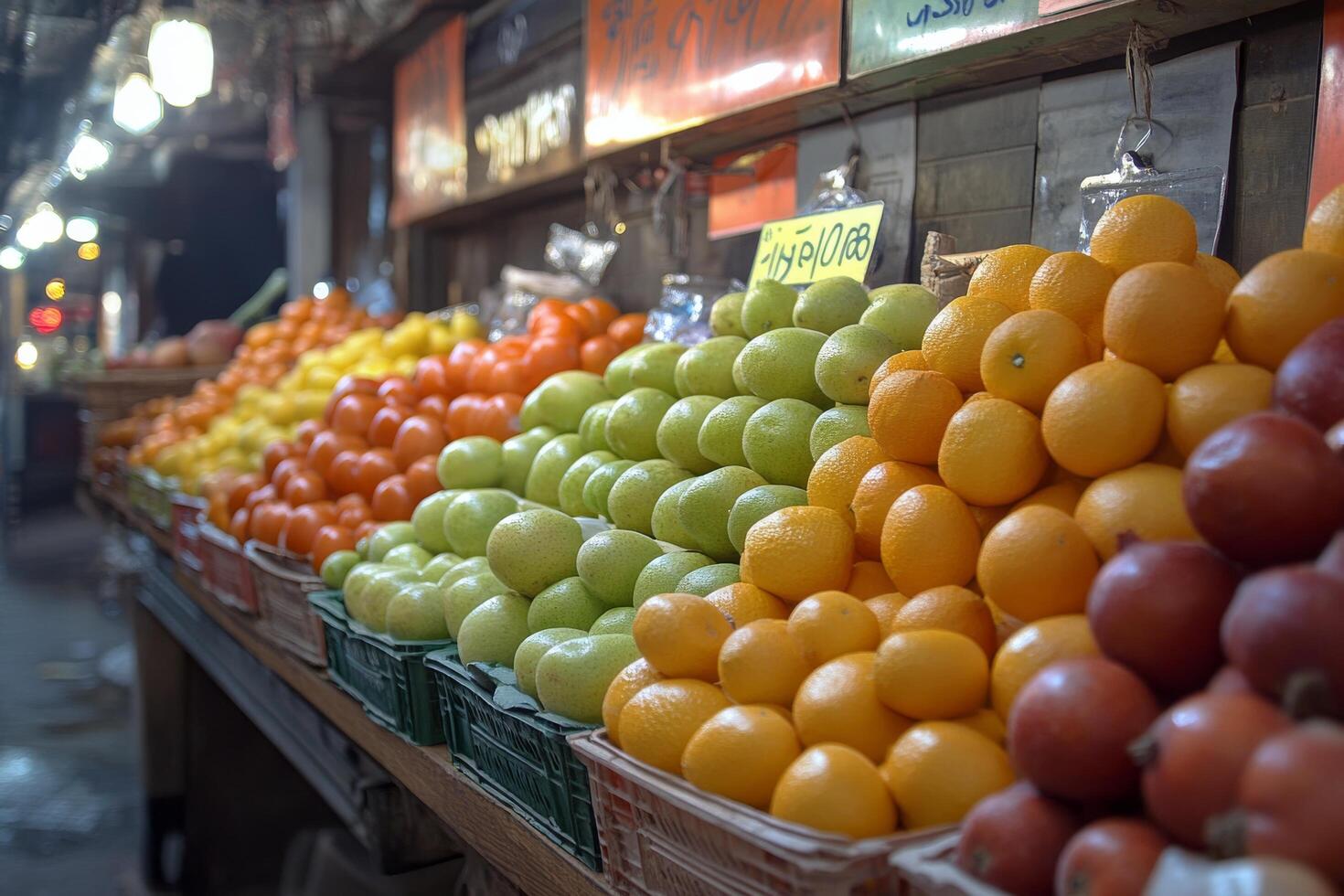 A fruit stand with oranges, lemons, and apples photo
