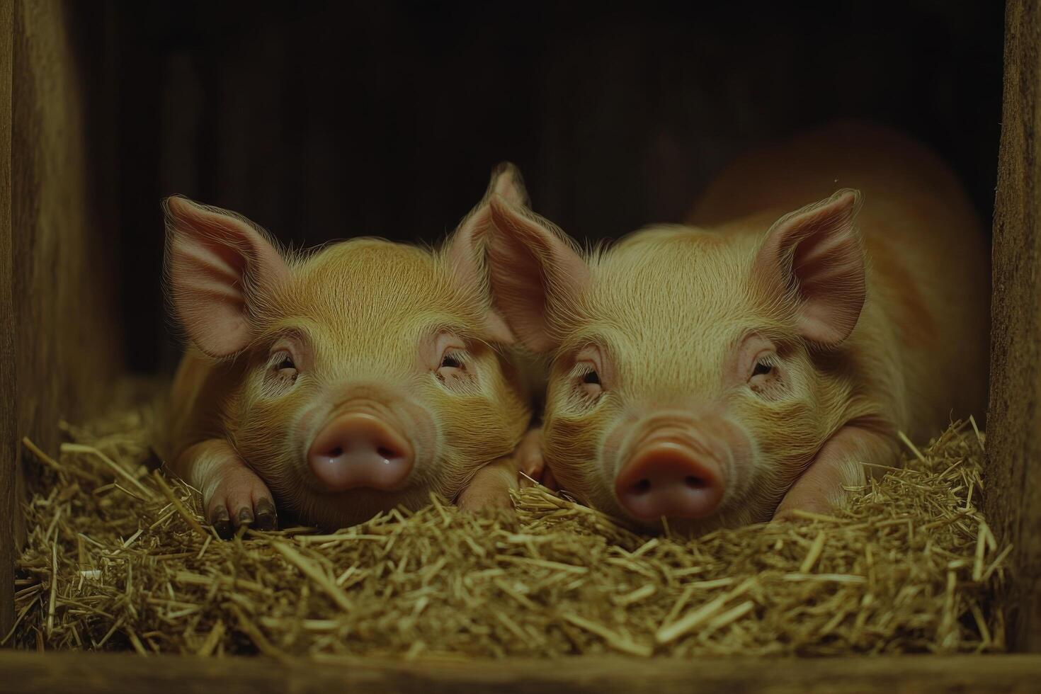 Two pigs are sitting in hay in a wooden box photo