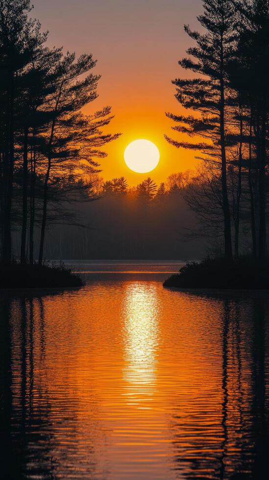 A lake with trees in the foreground and a sun setting behind them photo