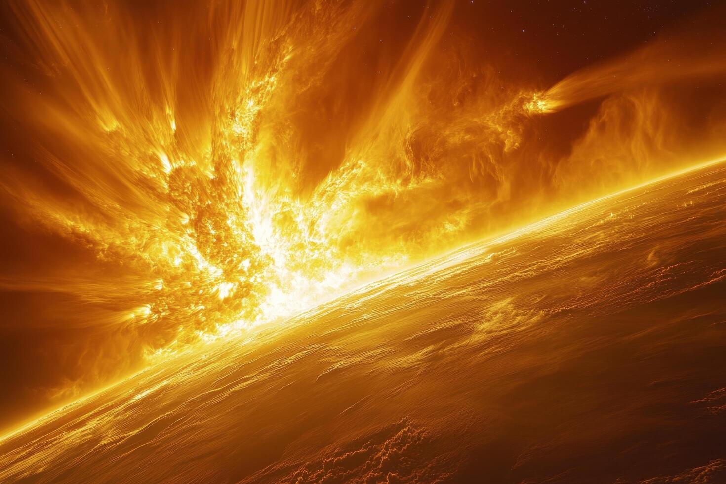 An explosion is seen in the sky above the earth photo