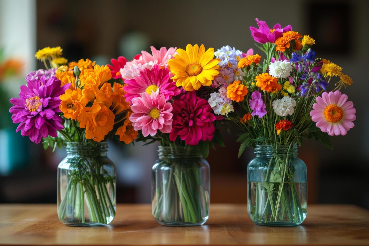 A table with three vases of flowers photo