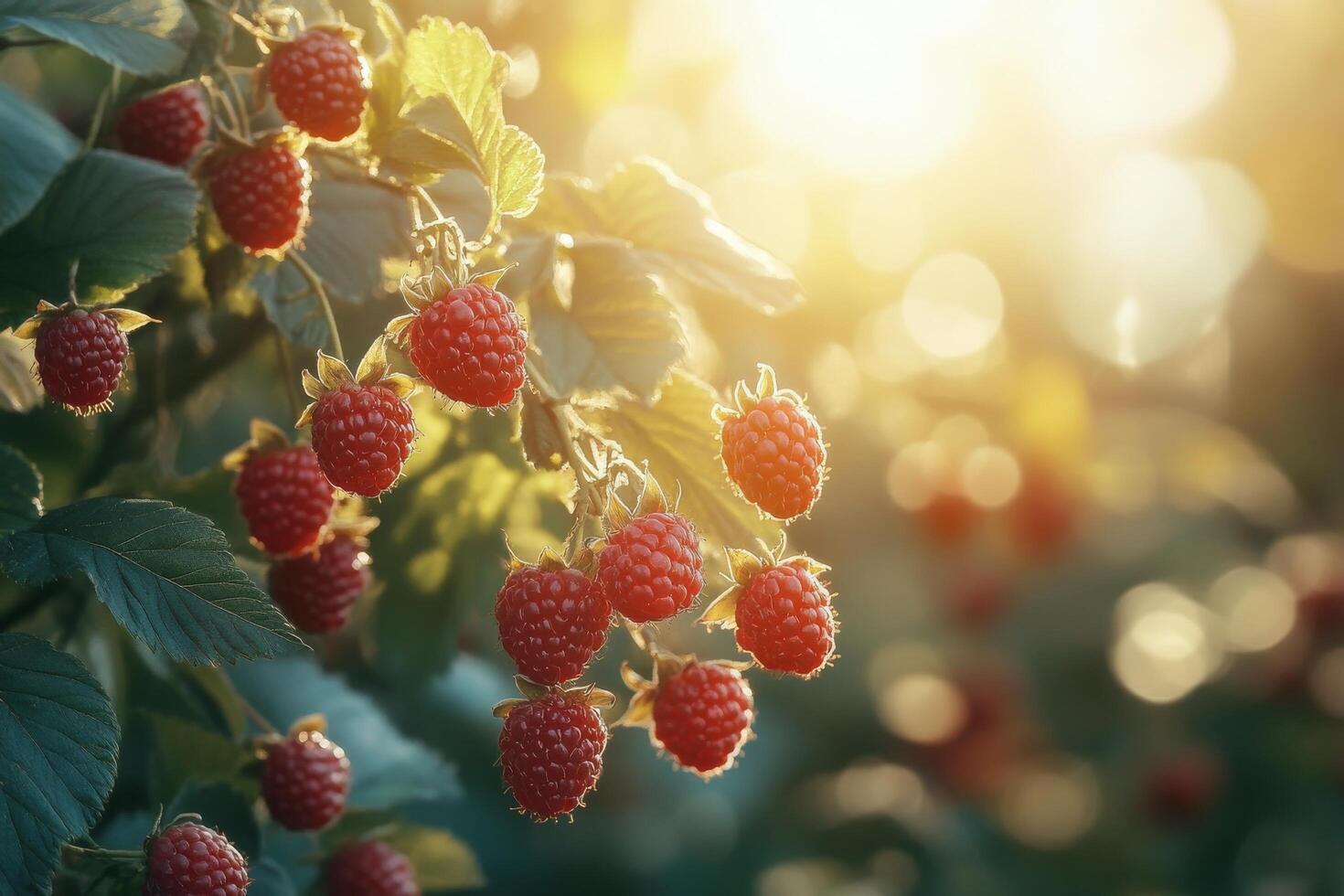 Raspberries are growing on a tree in the sun photo