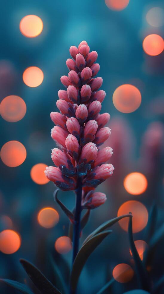 A pink flower with lights in the background photo