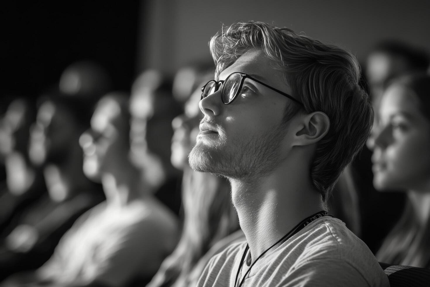 Audience members engaged in a presentation at a conference in a modern auditorium photo