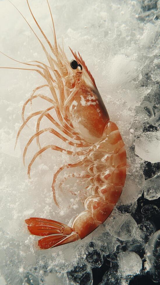 Fresh shrimp displayed on ice at a seafood market early in the morning photo