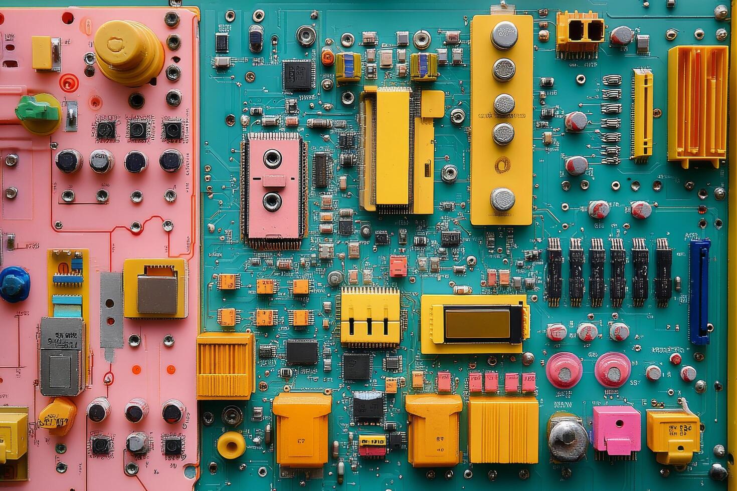Close view of a luminous circuit board showcasing intricate patterns and bright orange lights photo