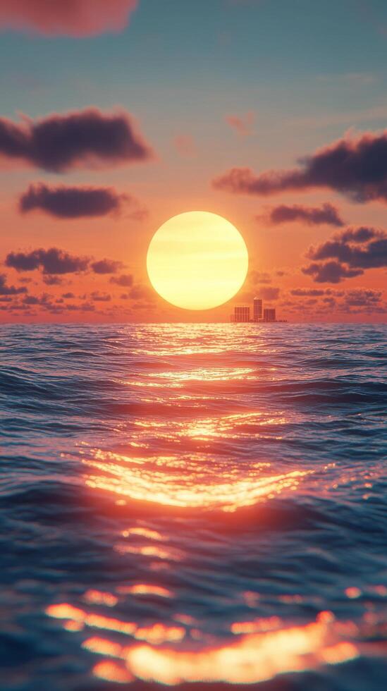 A sunset over the ocean with a large ship in the distance photo