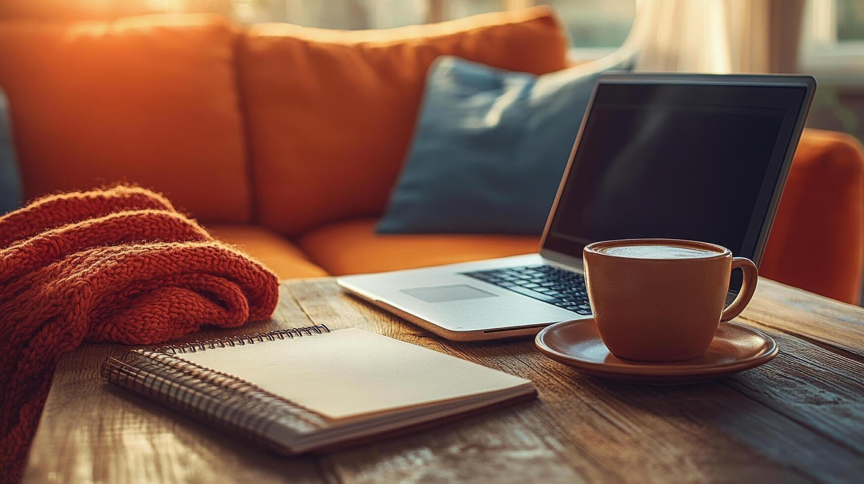 Workspace with laptop, notebook, coffee, and plant on rustic wooden table in bright environment photo