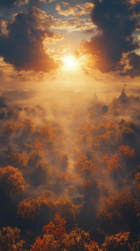 The sun is shining through the fog in the sky photo