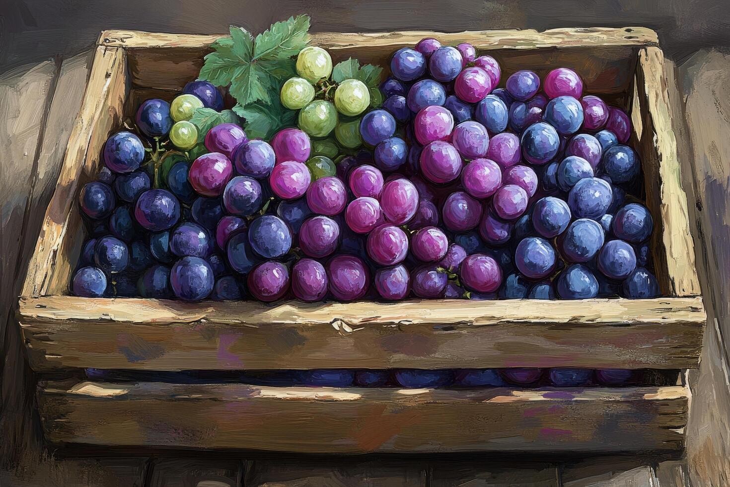 A painting of a wooden crate filled with purple grapes photo