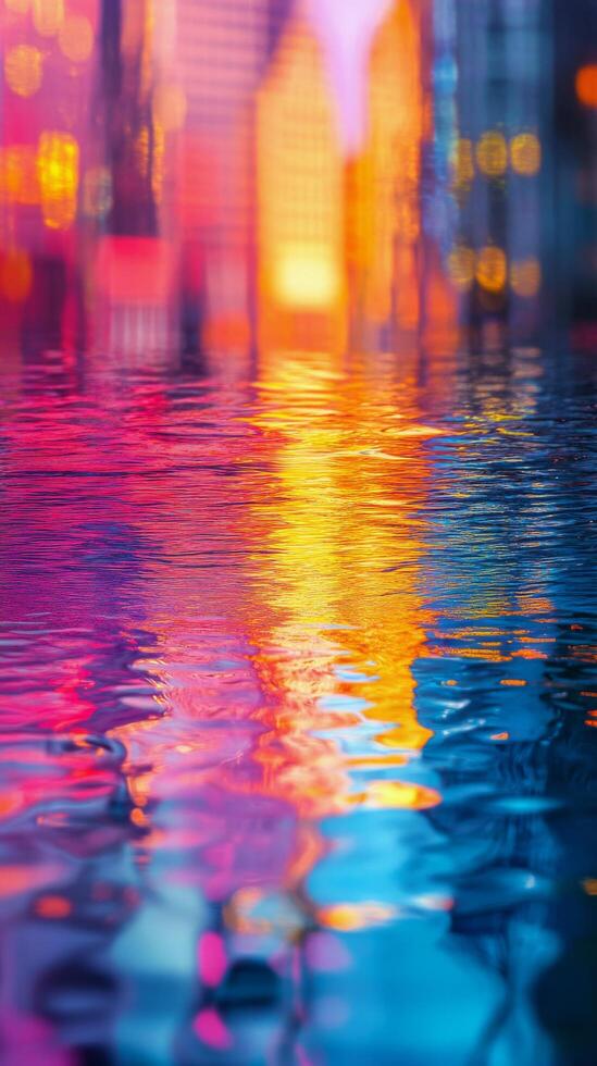 Cityscape with water reflection at sunset photo