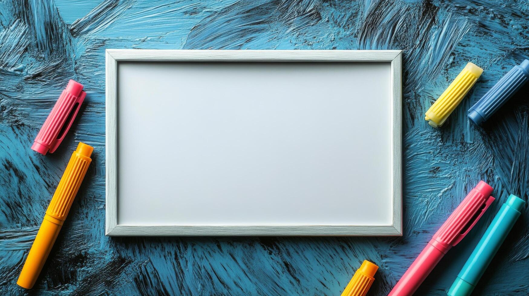 A white frame surrounded by colorful markers photo