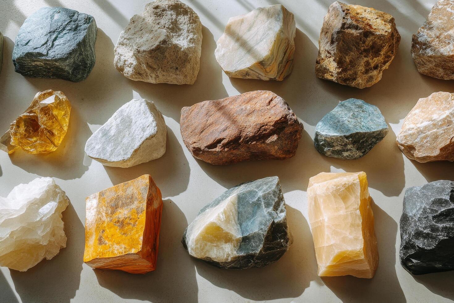 A variety of rocks and minerals are arranged in a row photo