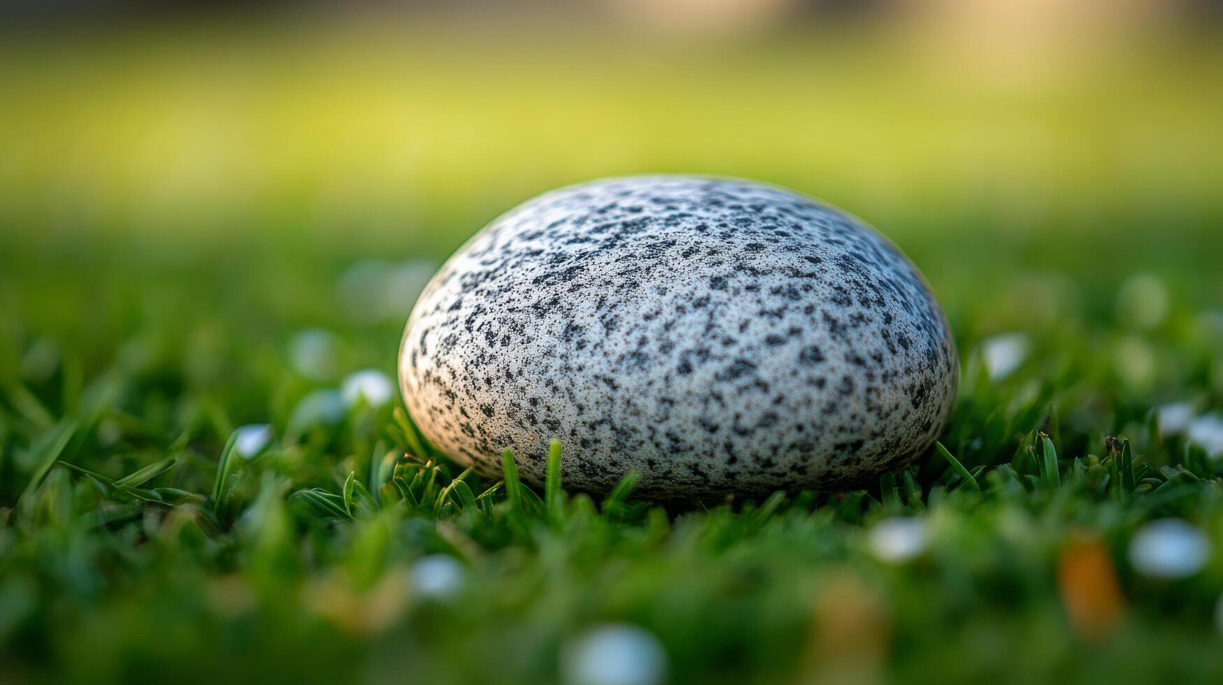 A stone ball sitting on the grass in front of a green background photo