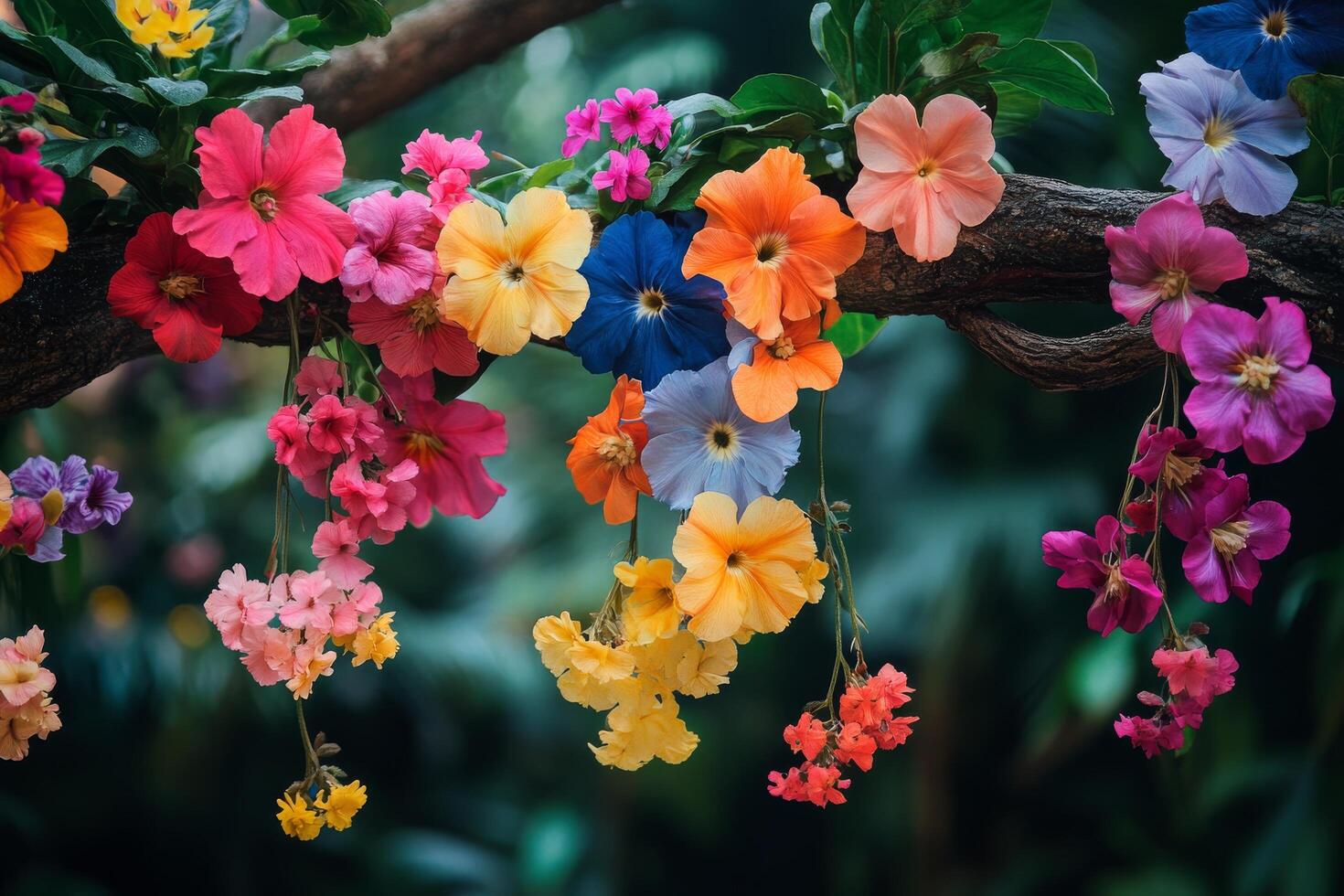 Colorful flowers hanging from a tree branch photo