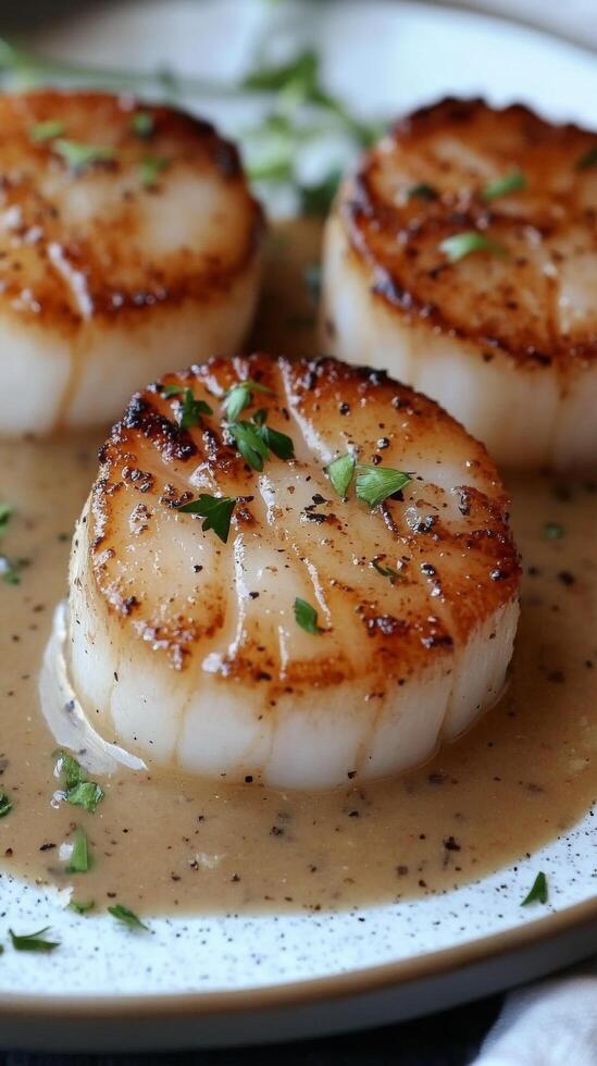 Three scallops on a white plate with gravy photo