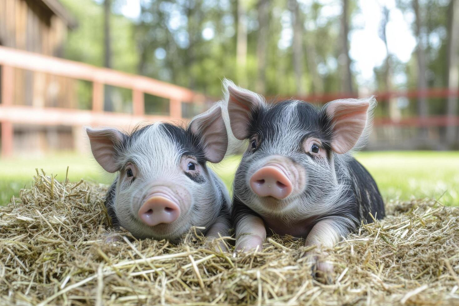 Two cute little pigs sitting on hay in a barn photo