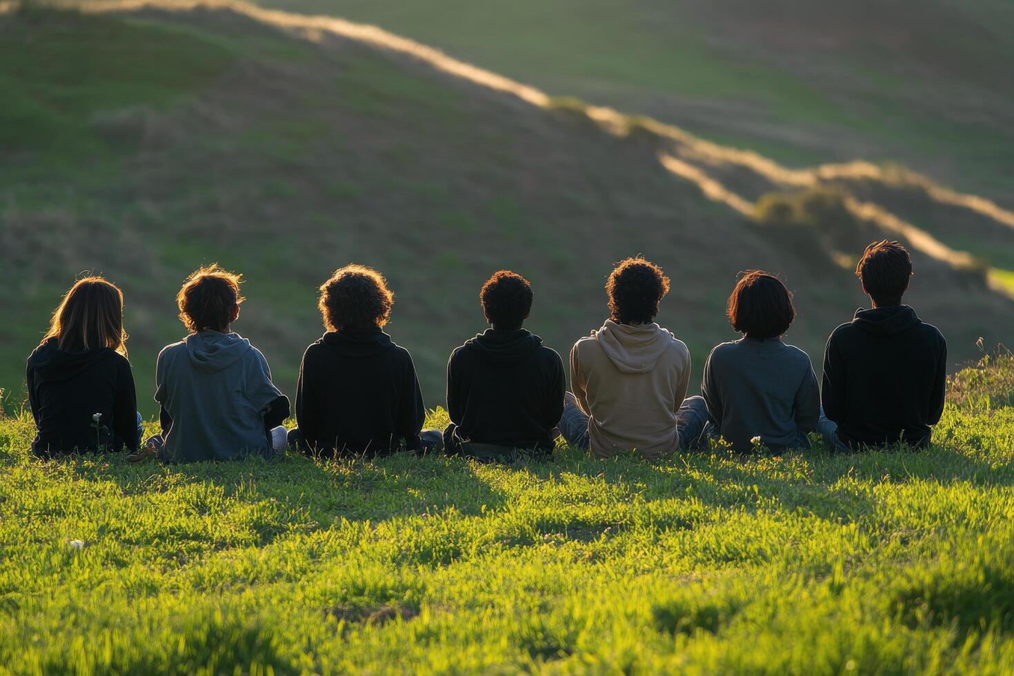 A group of people sitting in a field photo
