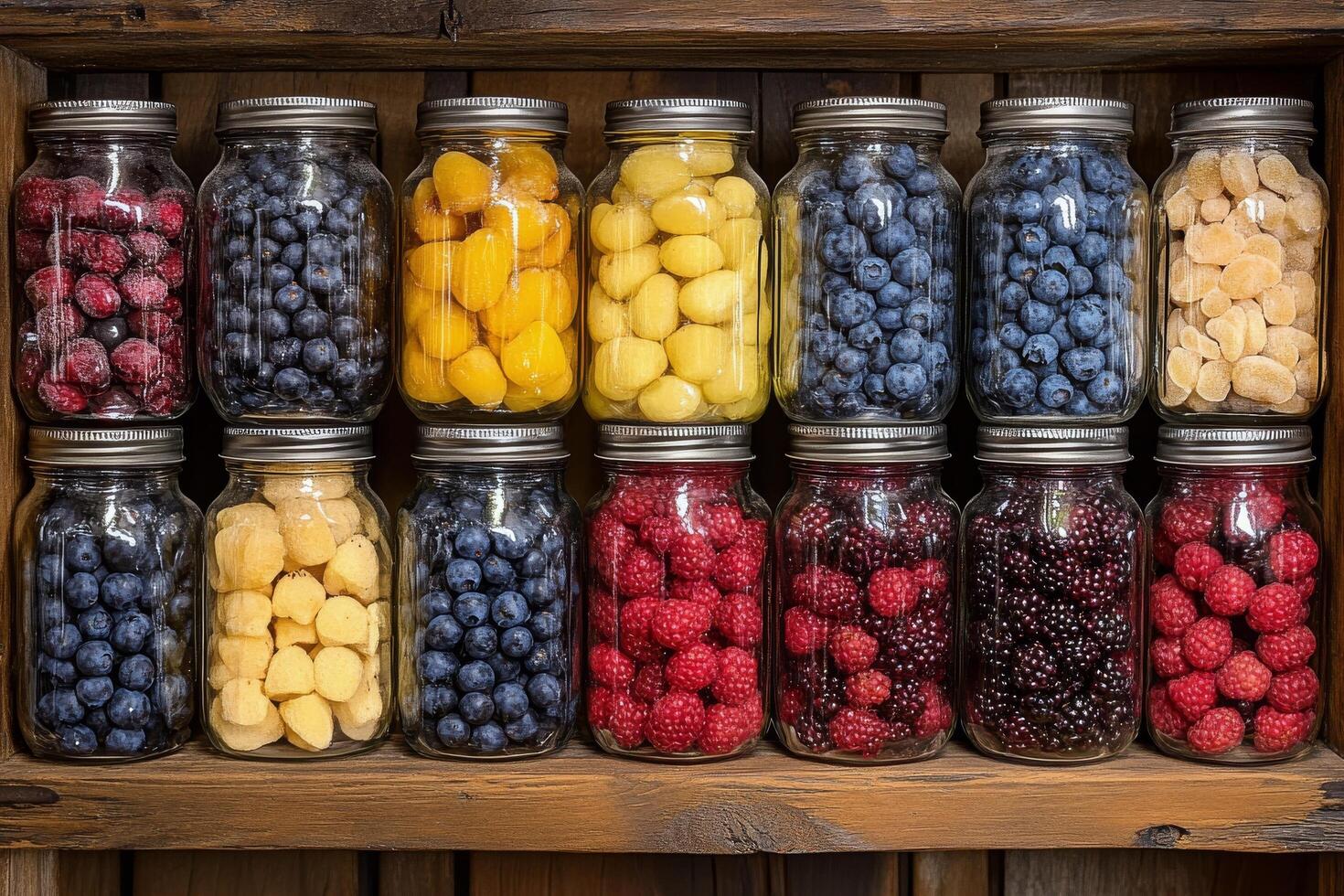 A shelf filled with jars of fruit and berries photo