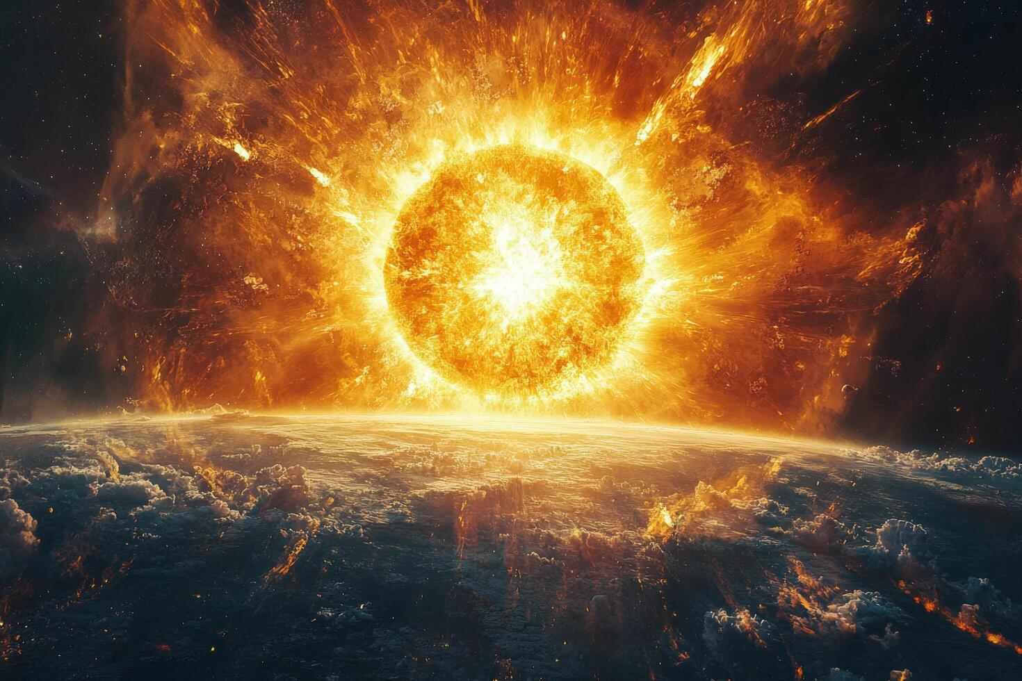 Solar flares erupting from the sun's surface, illuminating space in brilliant shades of orange and yellow photo