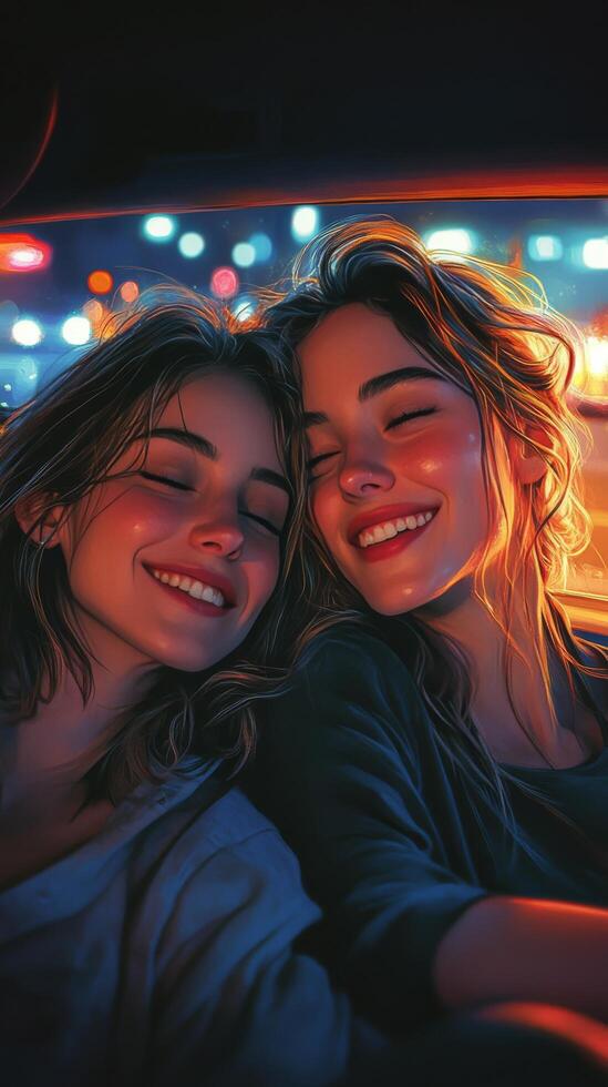 Two smiling women enjoying a joyful moment in a car on a sunny day photo