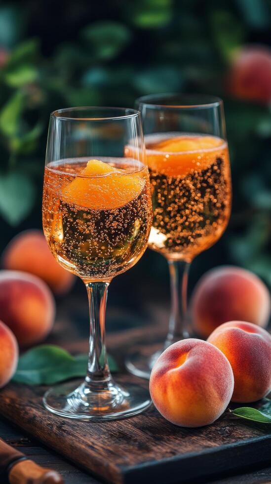 Two glasses of wine with peaches on a wooden table photo