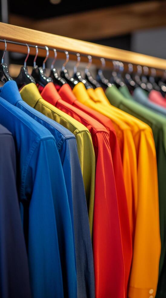 Colorful shirts hanging on a rack in a clothing store photo
