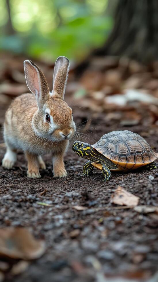 A small rabbit and a turtle standing on the ground photo