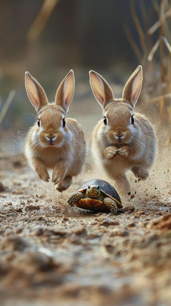 Two rabbits running with a turtle on the ground photo