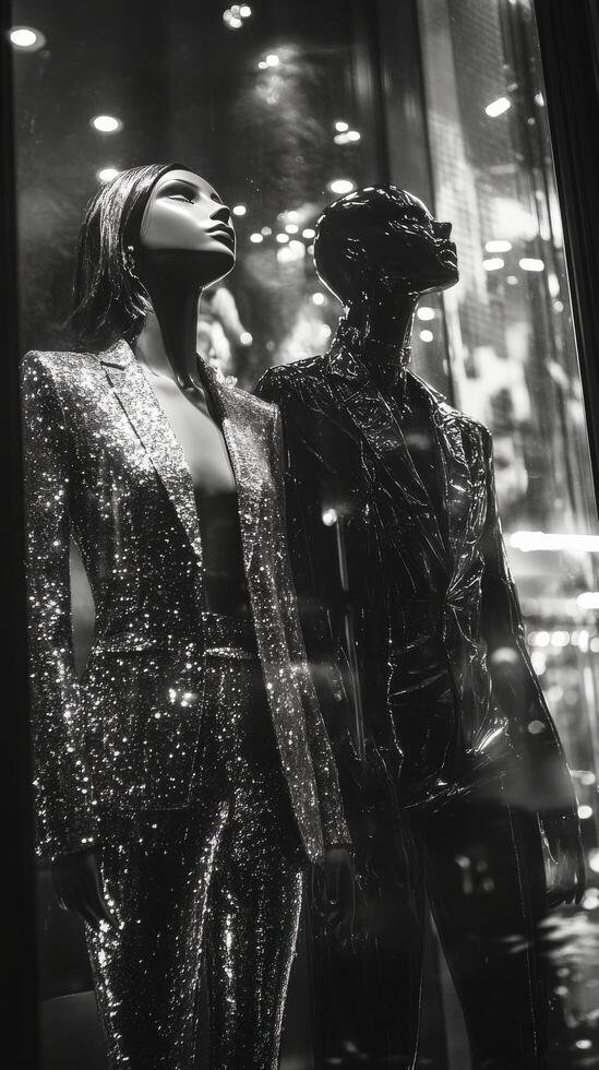 A mannequin in a shiny suit in a window photo