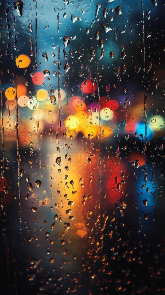 Rainy night view of city lights through a window with raindrops photo
