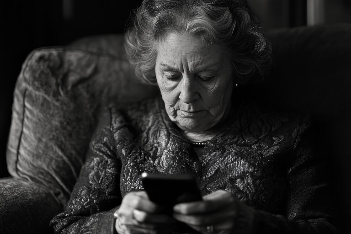An older woman sitting on a couch looking at her phone photo