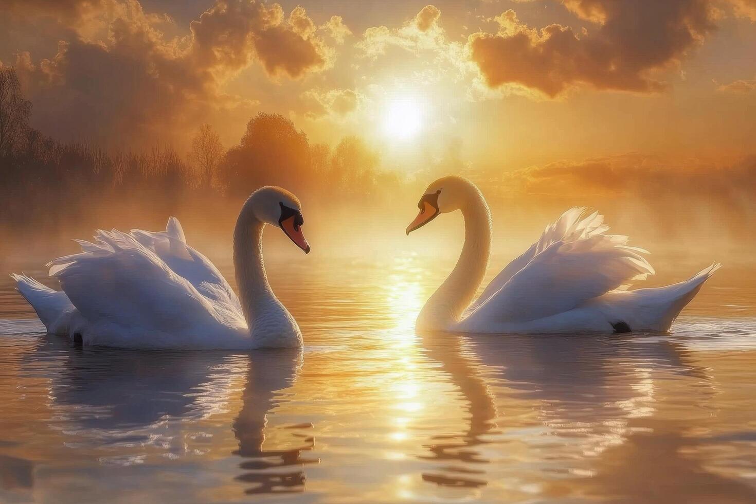 Two swans are swimming in the water at sunset photo