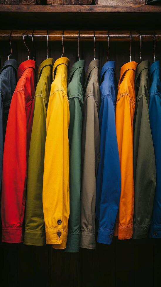 A row of colorful jackets hanging on a rack photo