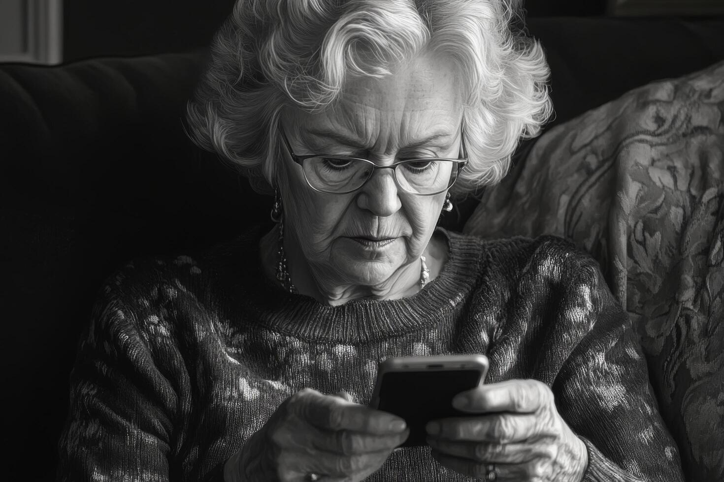 An older woman is looking at her phone photo