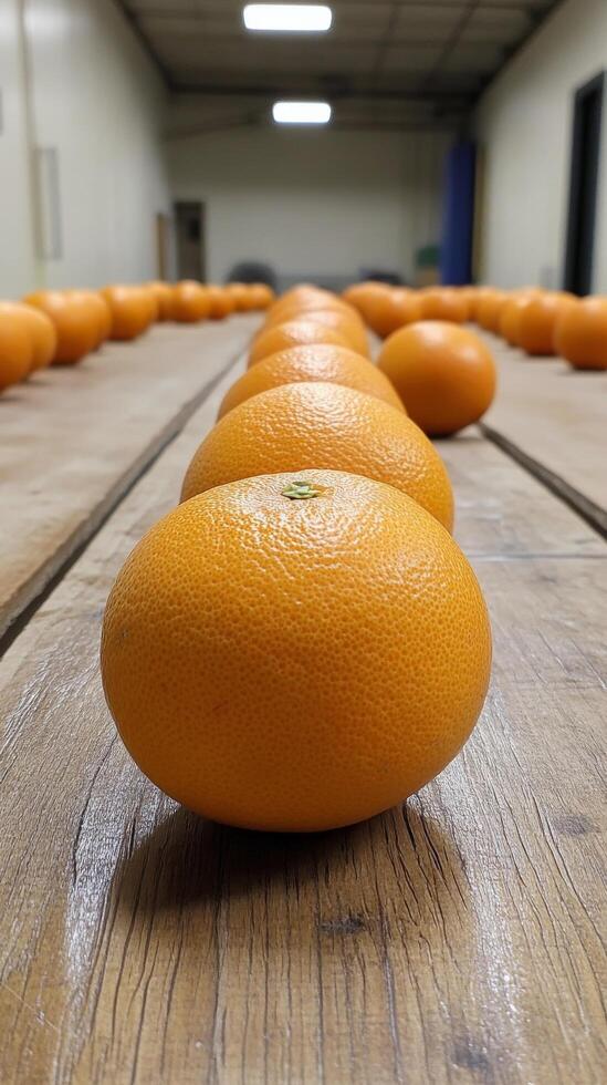 Fresh oranges arranged neatly with green leaves on a light background for a vibrant display photo
