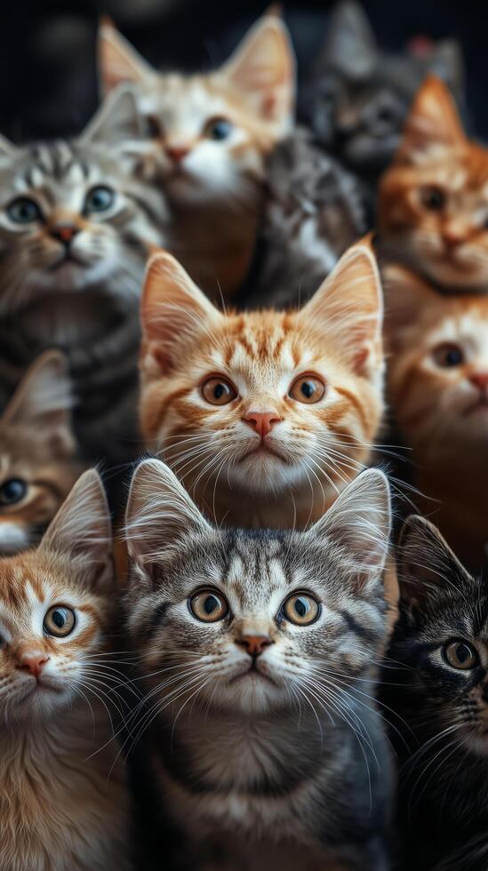 Group of curious kittens gazing with wide eyes in a cozy indoor space photo