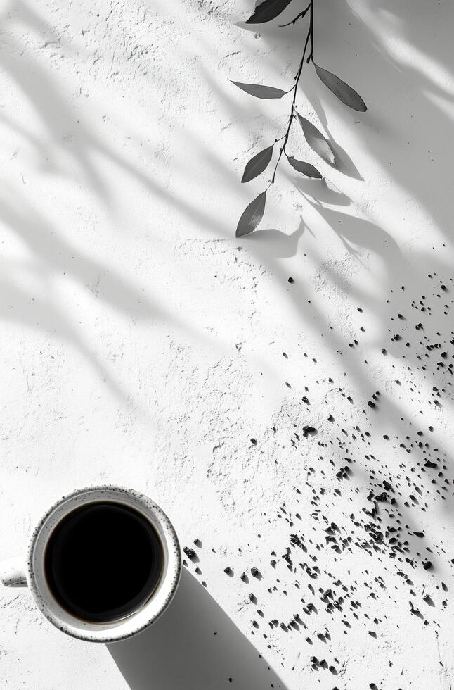 Dark coffee cup placed on a textured white surface next to scattered coffee grounds and green leaf photo
