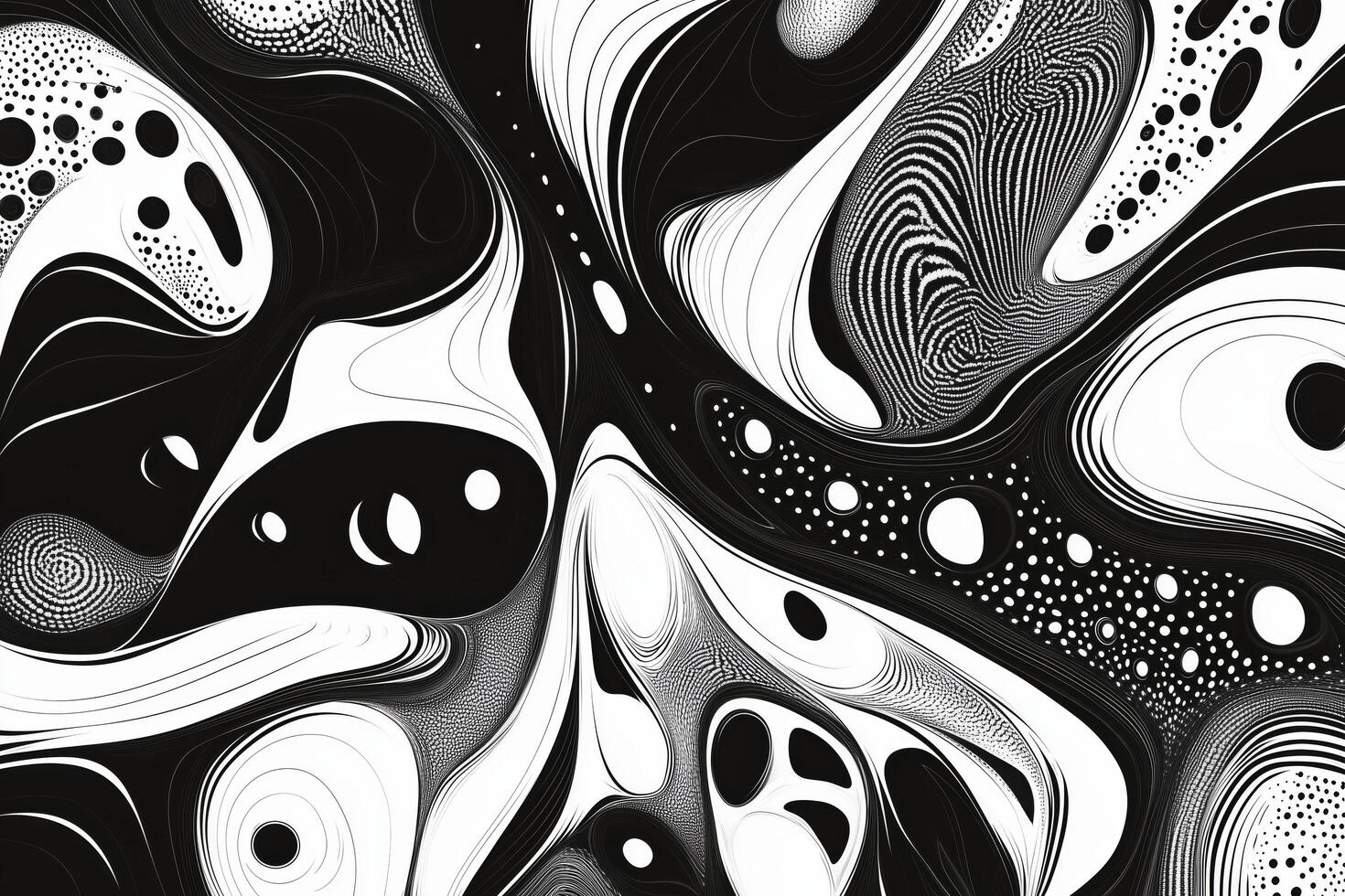 Intricate black and white abstract design featuring swirling patterns and dynamic shapes photo