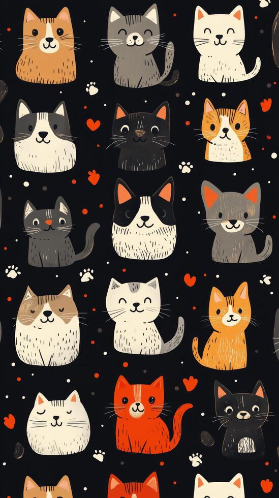 Cute cartoon cats pattern on dark background with playful expressions and colors photo