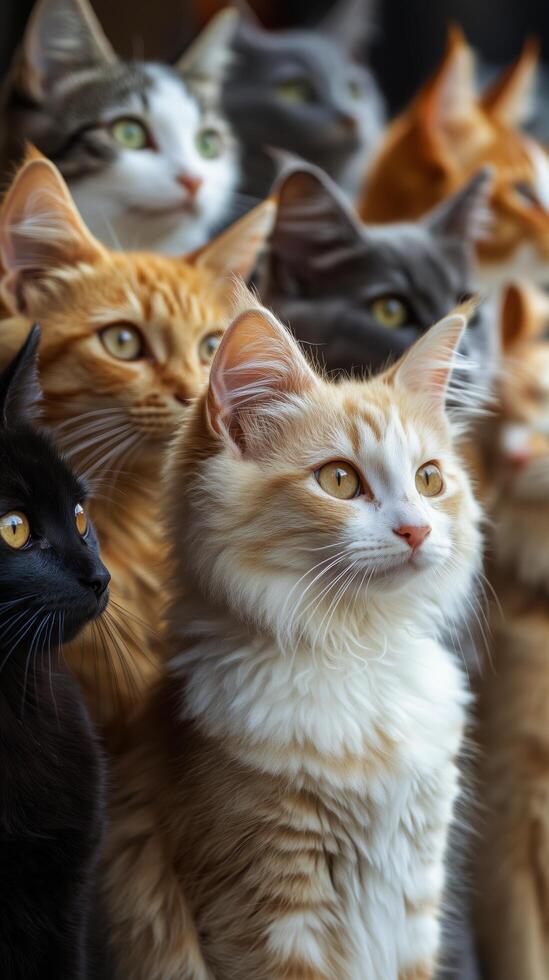 Group of cats with varied colors and expressions gathered together photo