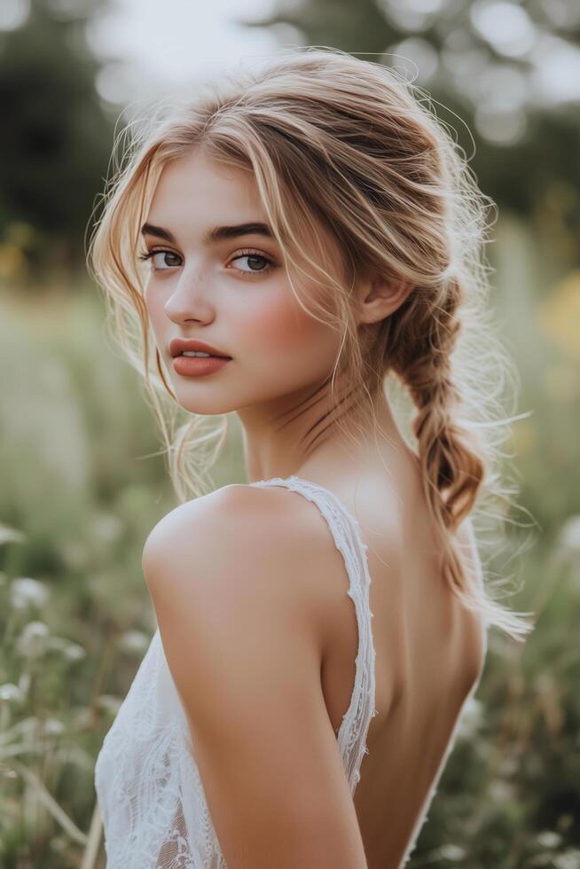 Portrait of a young woman with long hair in a field during golden hour photo