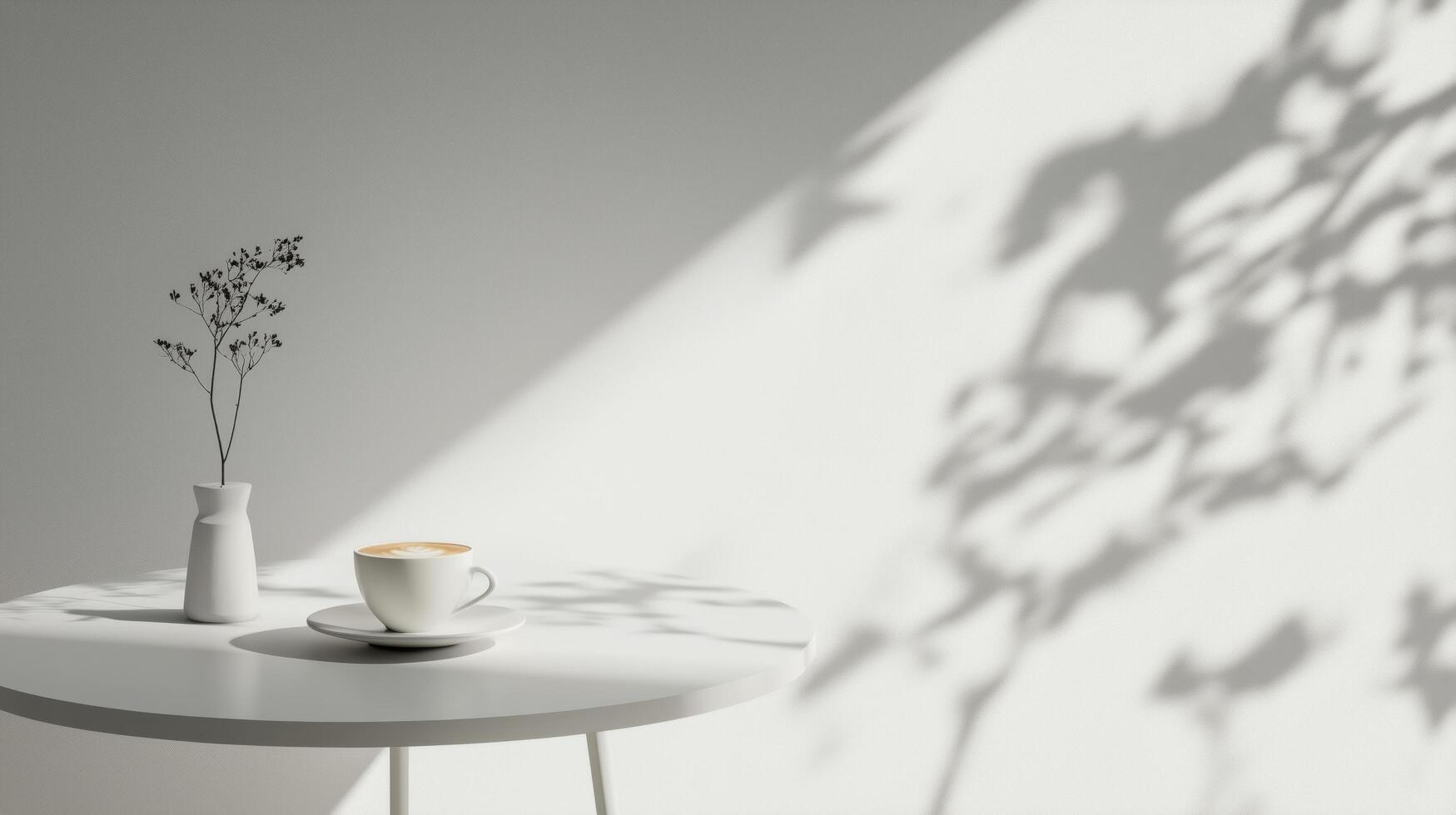 Morning light illuminates a simple setup with coffee and delicate shadows on a white table photo