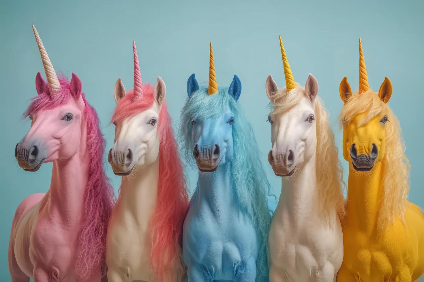 Colorful unicorn figurines stand against a pastel blue background, showcasing unique styles and expressions photo