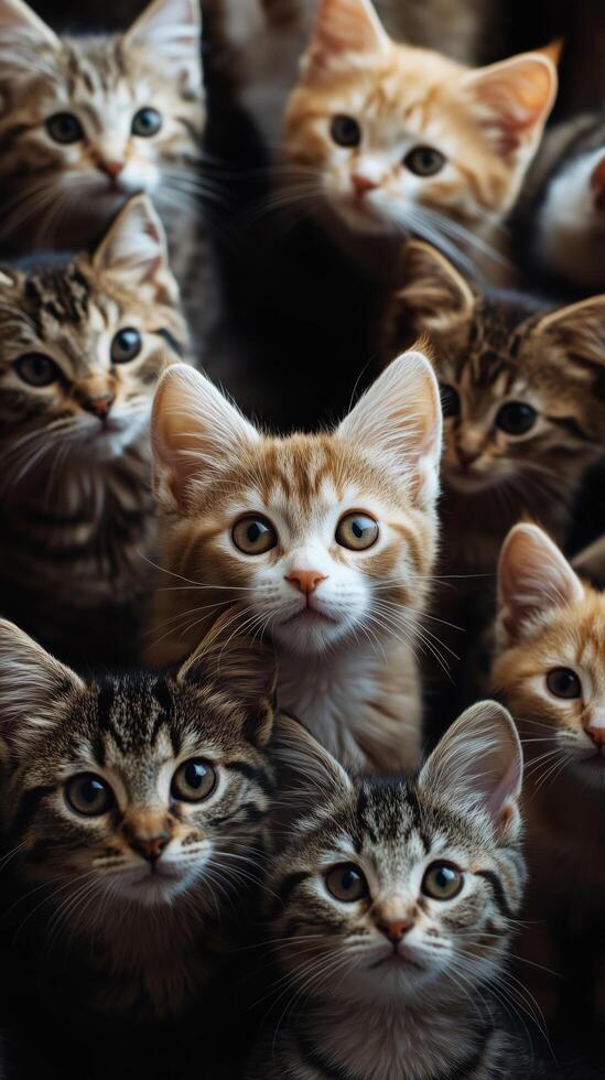 Group of kittens looking curiously at the camera with their striking eyes in a cozy setting photo