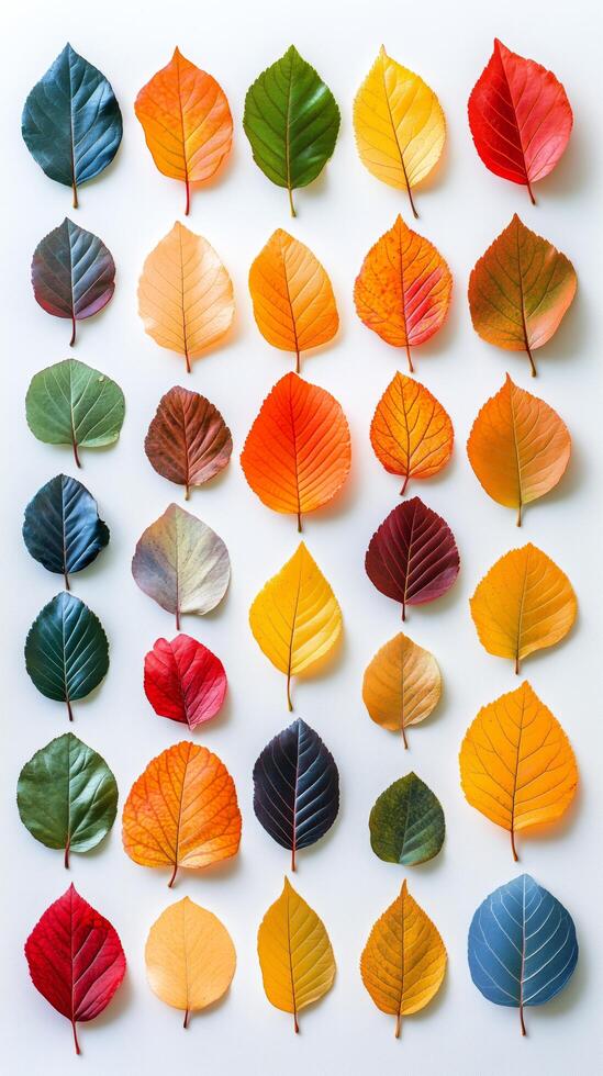 Colorful collection of autumn leaves arranged in a grid on a white surface photo